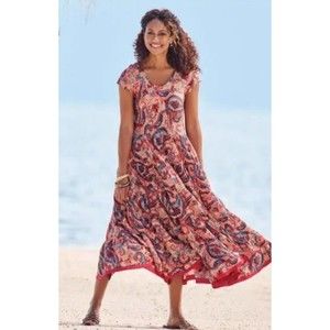 NWT Soft Surroundings Boho Artsy Kara Tiered Midi Dress Pink Red Paisley 3X 24W